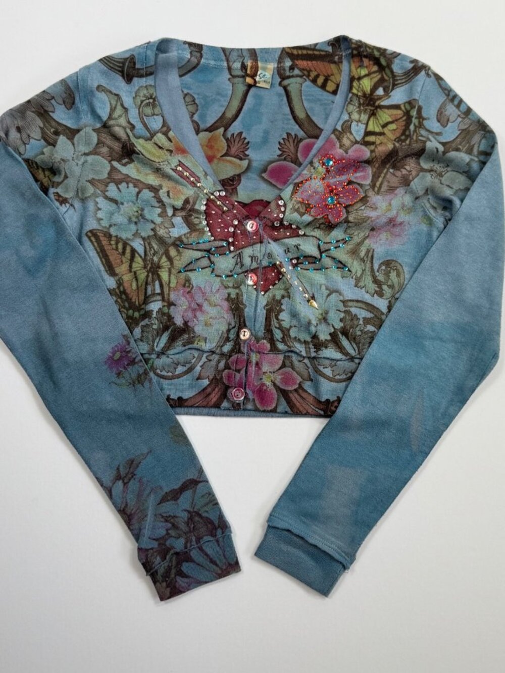 Y2K Cropped Cardigan Tattoo Print Rhinestone Heart Sz S